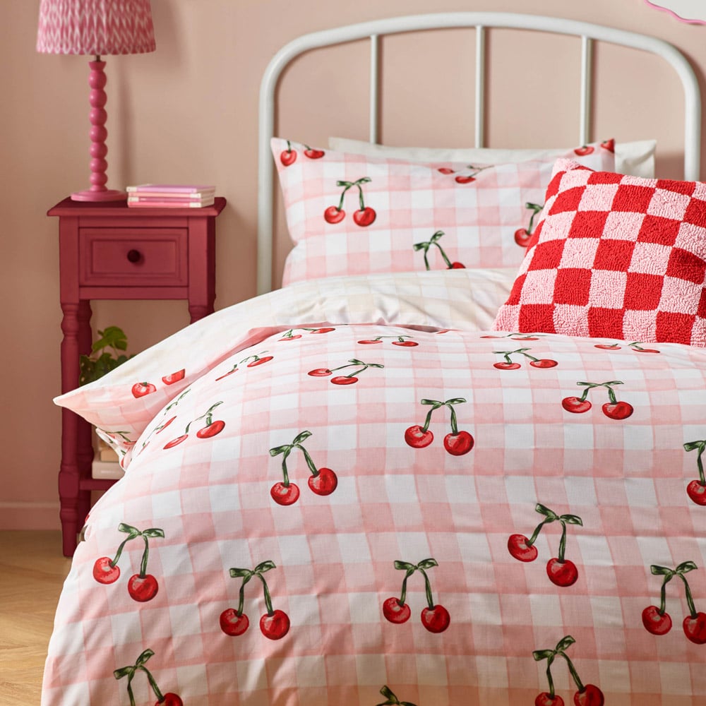 Heya Home Single Pink Cherry Gingham Printed Duvet Set Image 2