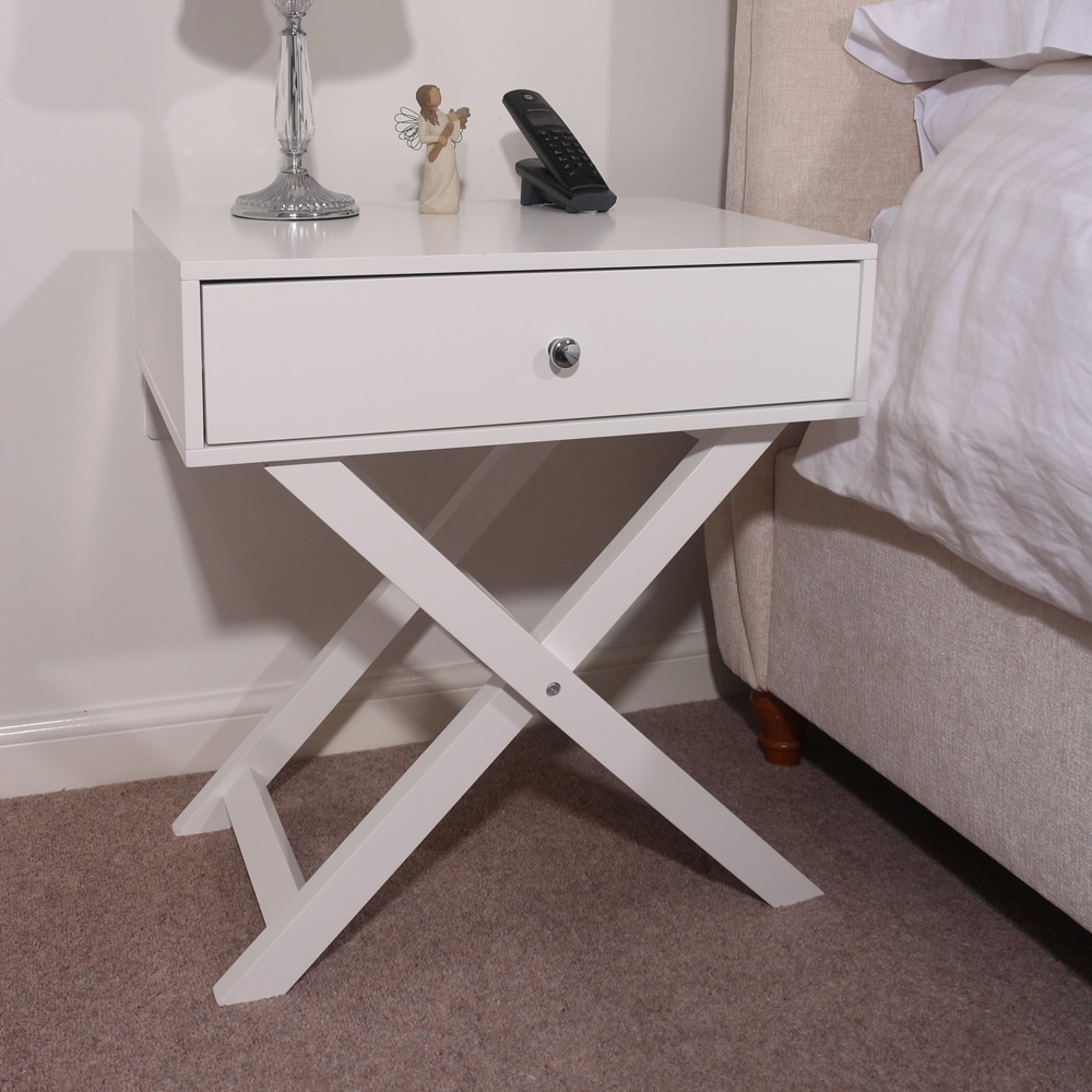 Leighton Single Drawer White X Legs Bedside Table Image 1