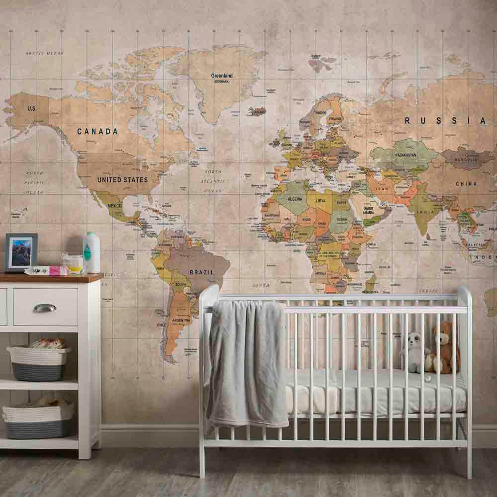 Grandeco World Map Textured Beige Wall Mural Image 1