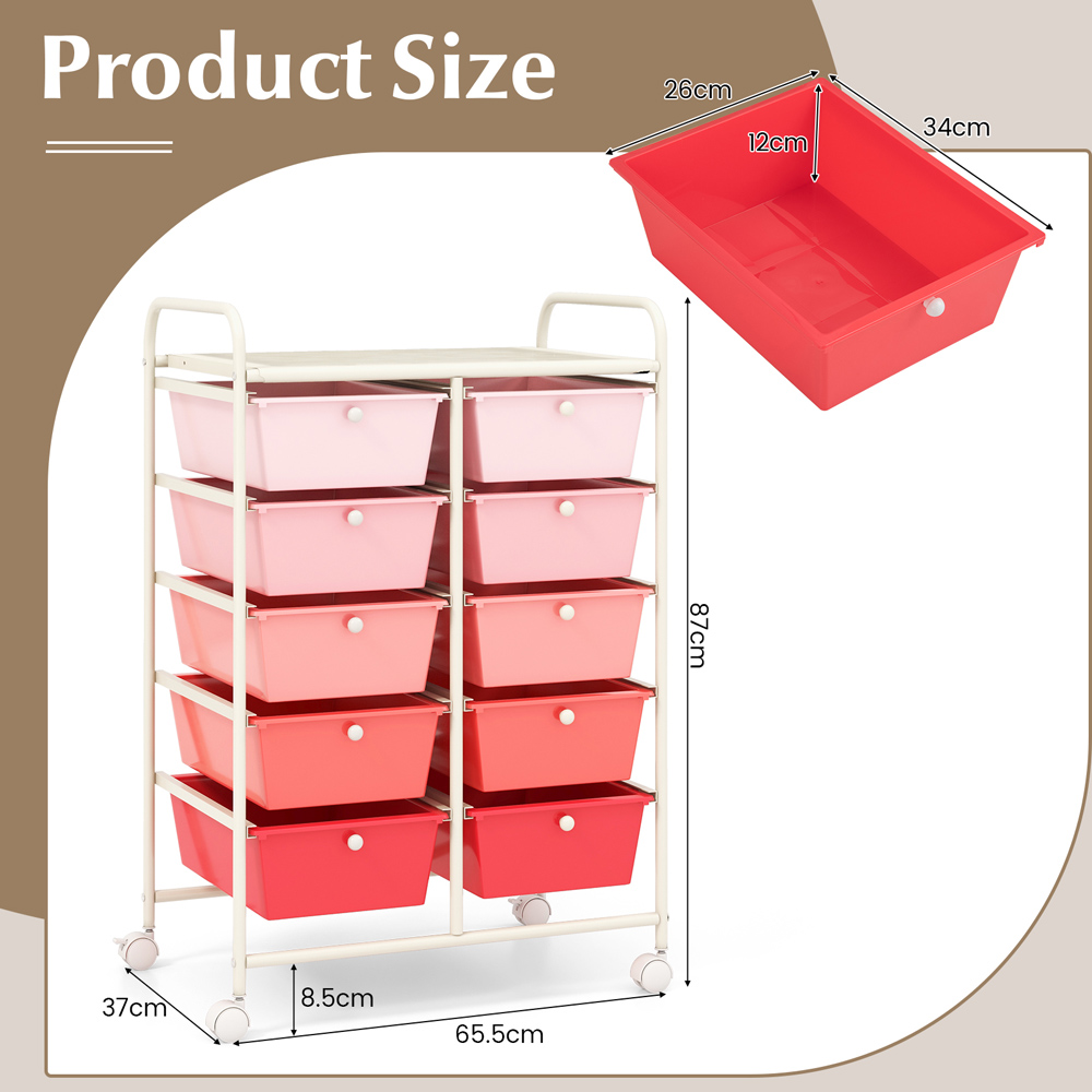 Costway 10 Drawer Pink Storage Rolling Cart Image 9