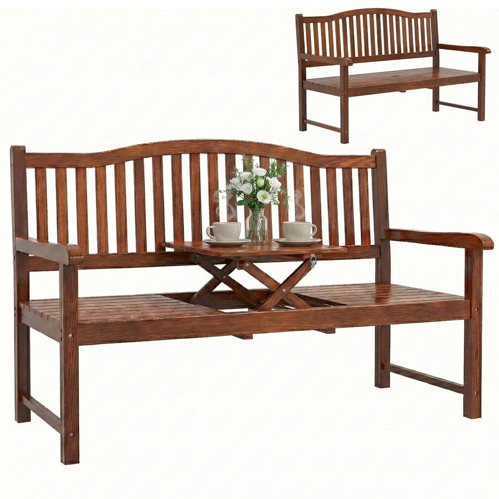 Outsunny 2 Seater Light Brown Wood Garden Loveseat Bench with Liftable Table and Cover Image 2