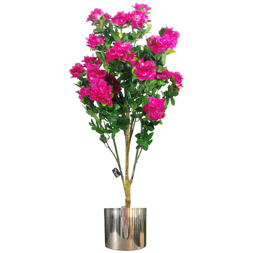 Leaf Pink Artificial Azalea Flower Plant in Silver Metal Planter 3.2ft Image 1