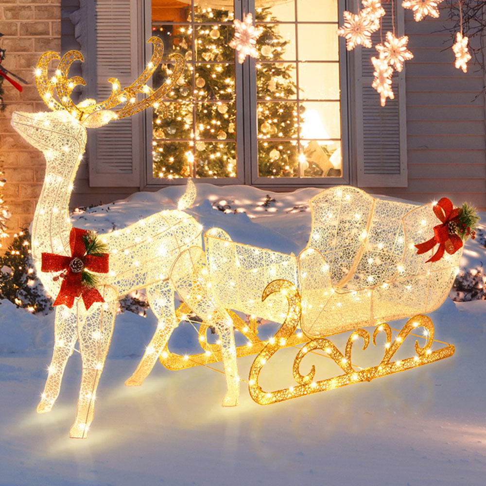 Costway 215 Warm White LED Pre-Lit Reindeer and Santa’s Sleigh Christmas Decoration Image 1