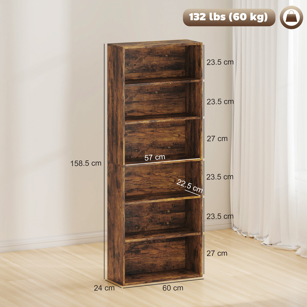 Portland 6 Shelf Rustic Brown Adjustable Freestanding Bookcase Image 9