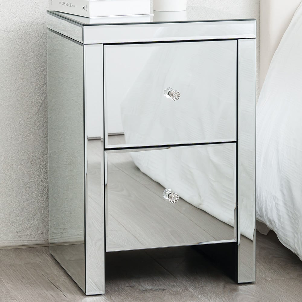 Comfy Living 2 Drawer Mirrored Bedside Table Image 1