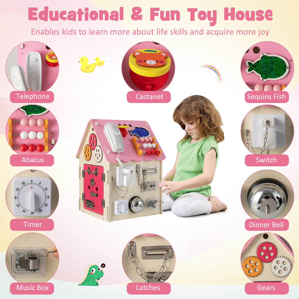 Costway Pink Wooden Busy House Toddler Learning Toy with Music Box Image 7