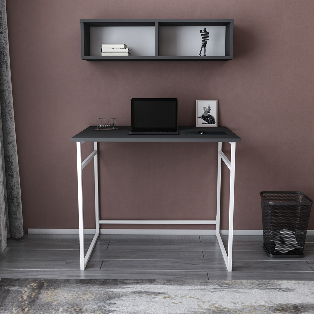 Decorotika Hussum Computer Desk with 2 Section Wall Shelf White and Anthracite Image 5