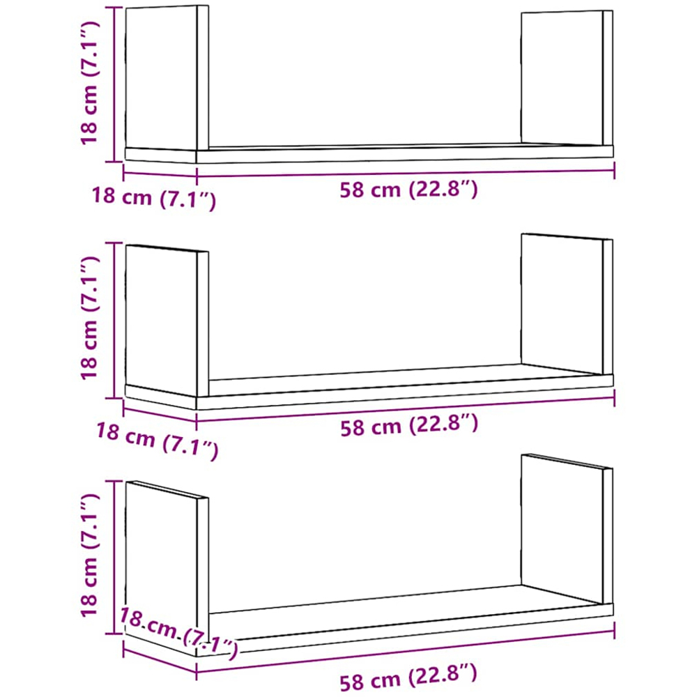 vidaXL 58cm Set of 3 Artisan Oak Floating Wall Shelf Image 9