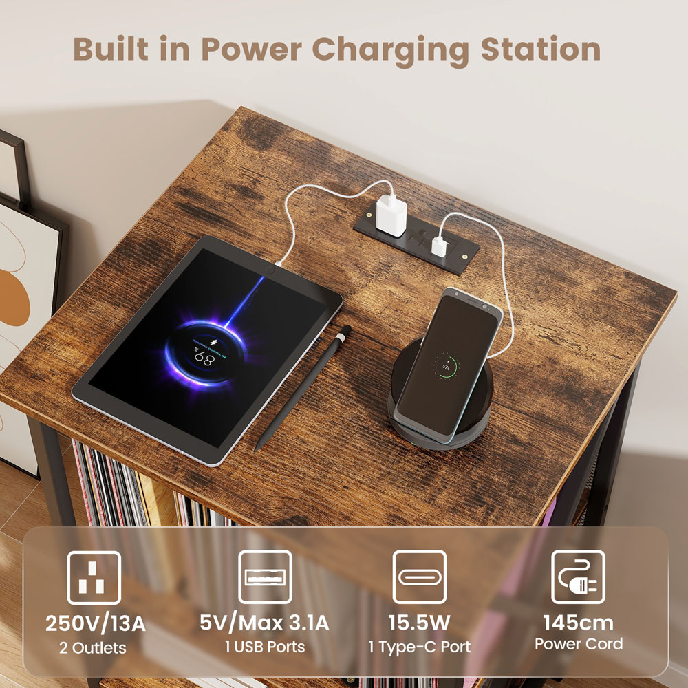 Costway 2 Shelf Rustic Brown Turntable Record Player Stand with Charging Station and Divider Image 6