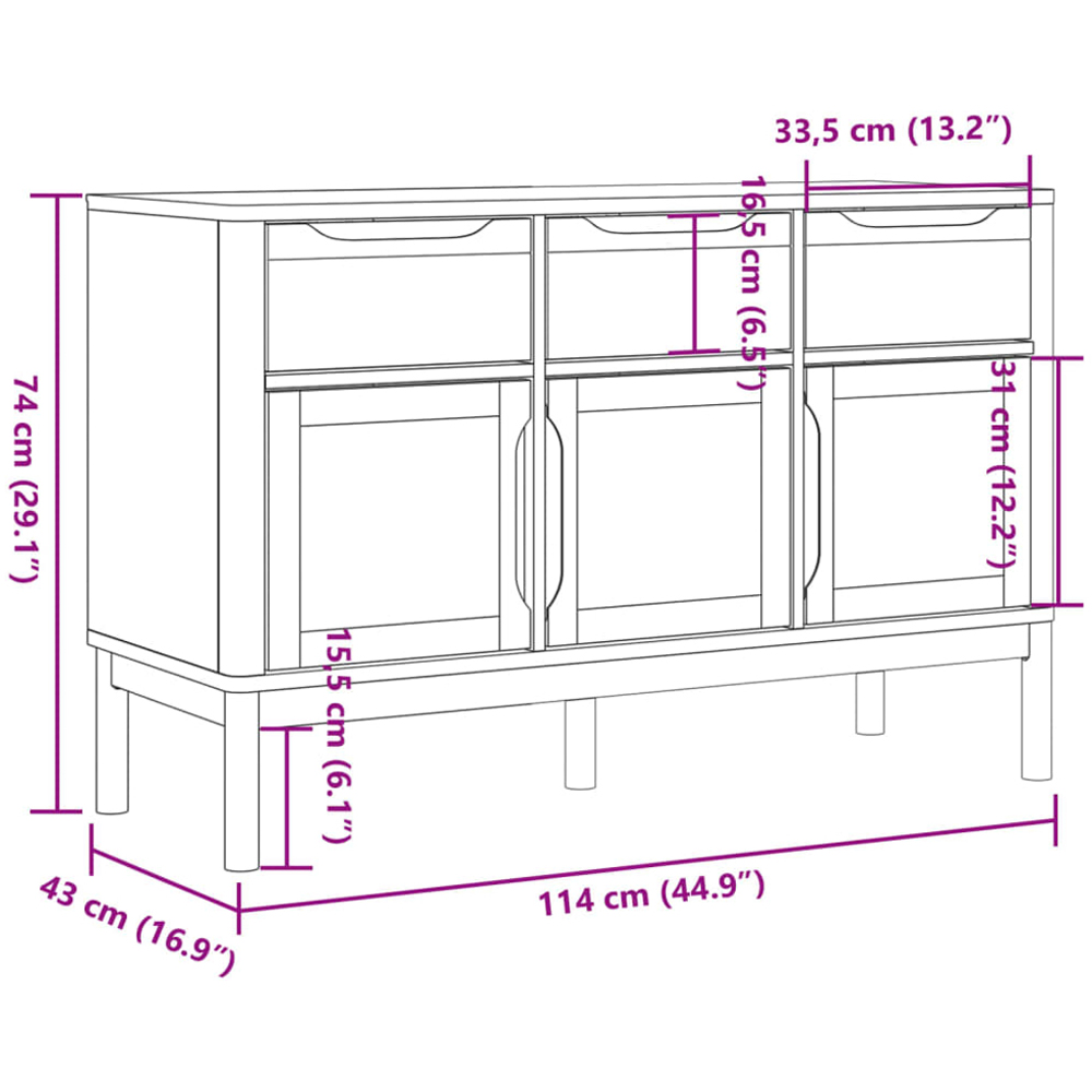 vidaXL Floro 3 Door 3 Drawer Wax Brown Solid Wood Pine Sideboard Image 9