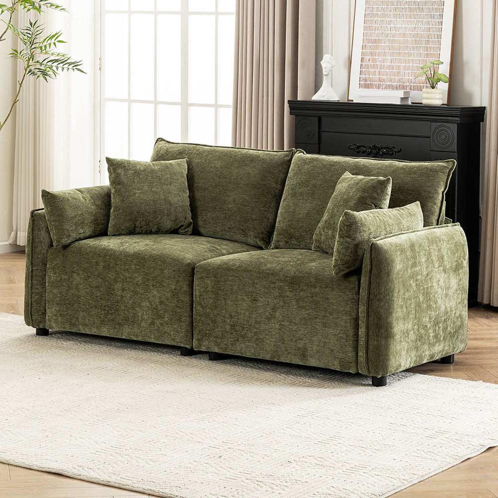 Living and Home 2 Seater Sofa Green Chenille with Throw Pillows Image 7