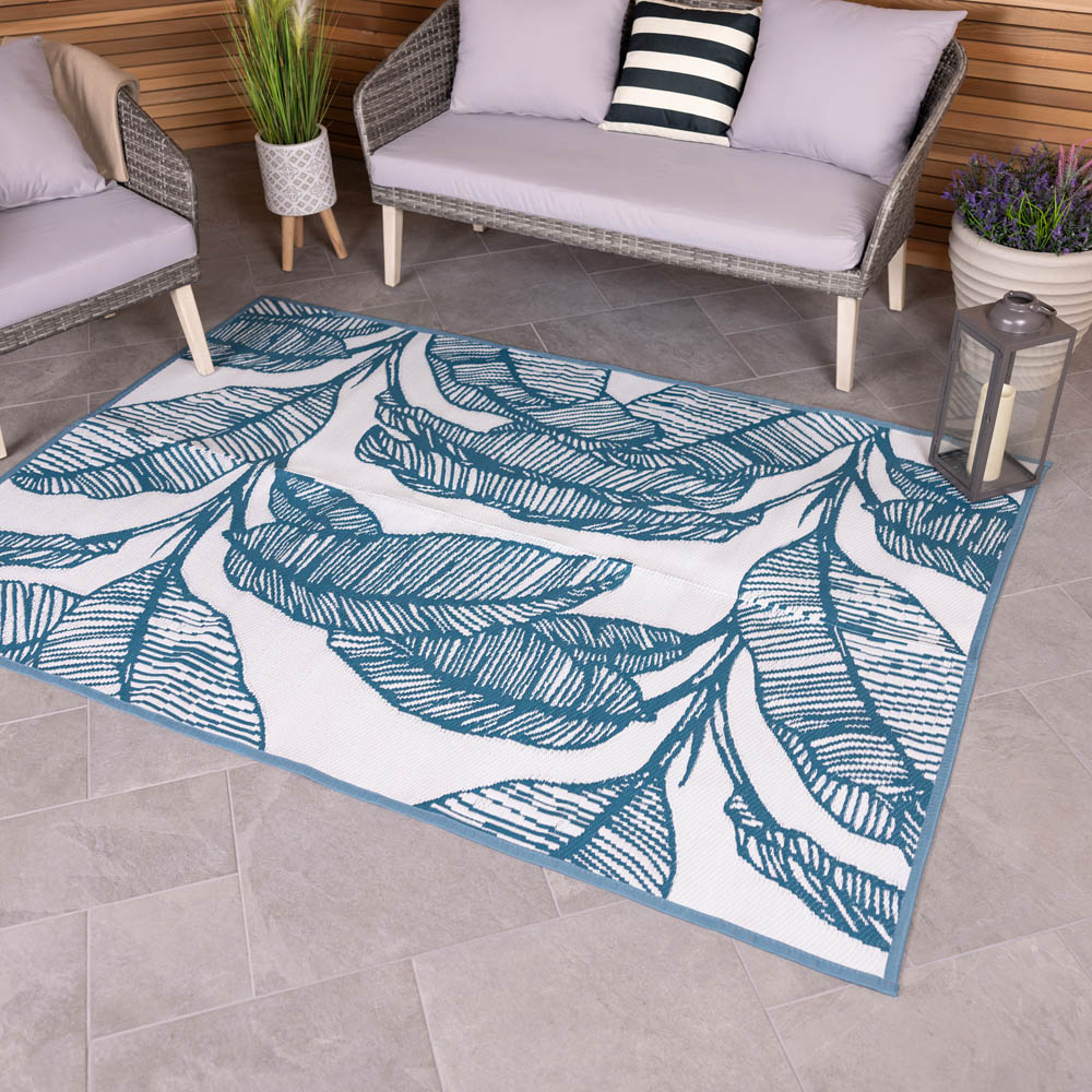 Charles Bentley Teal Blue Leaf Outdoor Rug 160 x 230cm Image 4