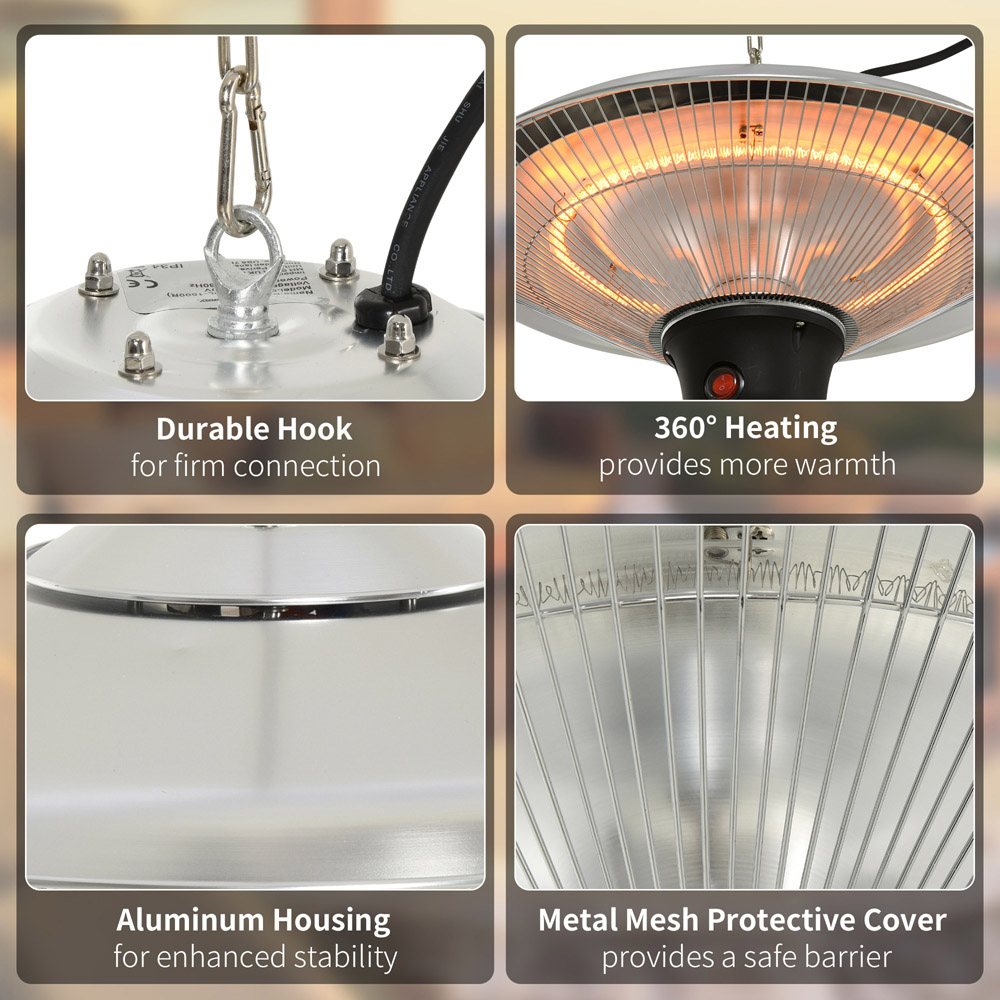 Outsunny Silver Ceiling Mounted Halogen Electric Heater with Remote 1500W Wilko