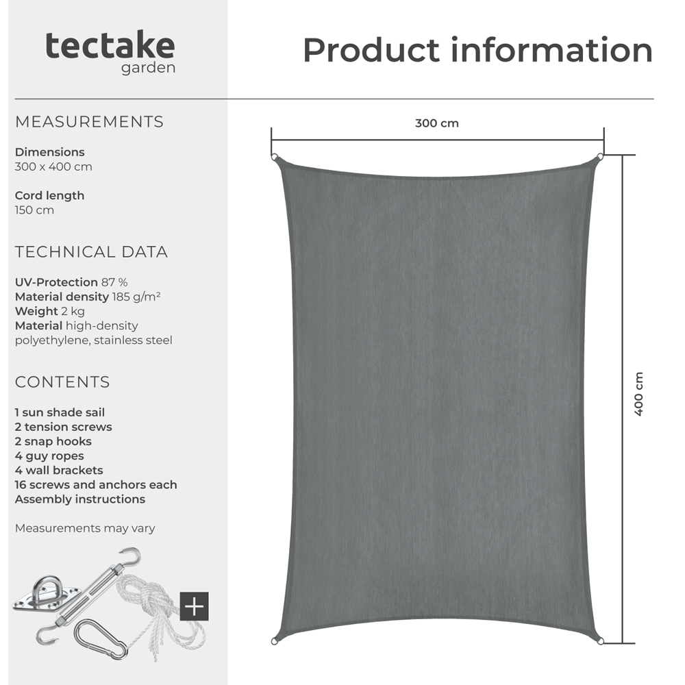 tectake Sonny Grey Water-Resistant Sun Shade Sail 300 x 400cm Image 8