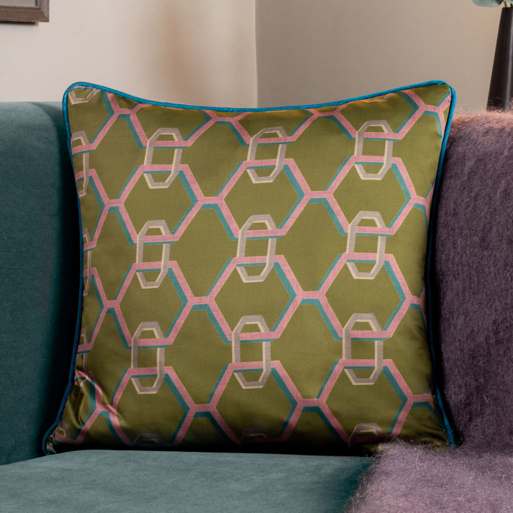 Paoletti Carnaby Olive Geometric Chain Satin Cushion Image 2