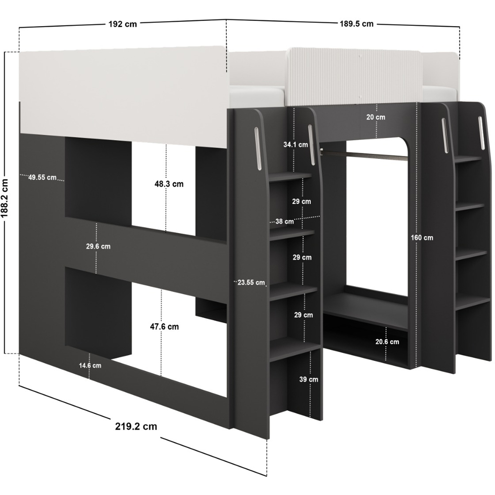 Recoil Dante Twin White and Grey Gaming High Sleeper Bed with Desk and Wardrobe Image 9