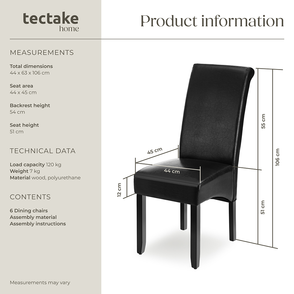 tectake Set of 6 Black Faux Leather High Backrest Dining Chair Image 9
