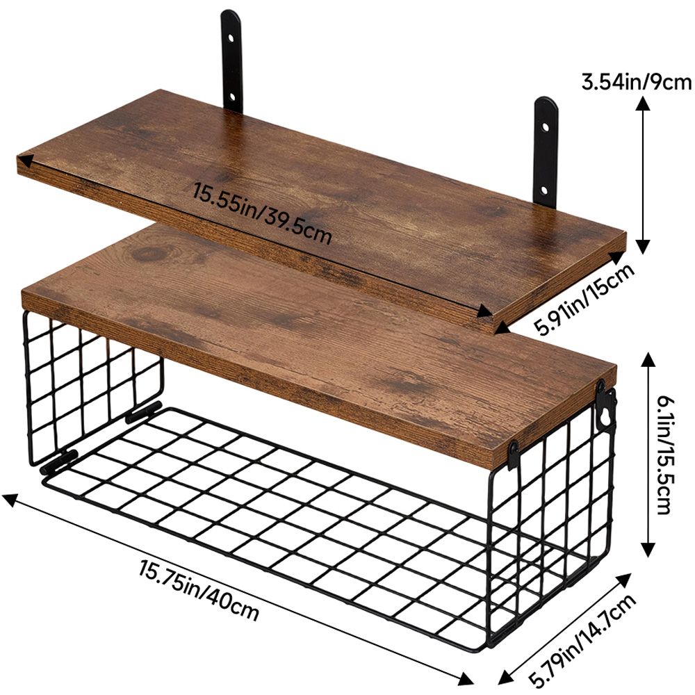 Living and Home 2 Shelf Wooden Wall-Mounted Floating Shelf with Wire Basket Image 9