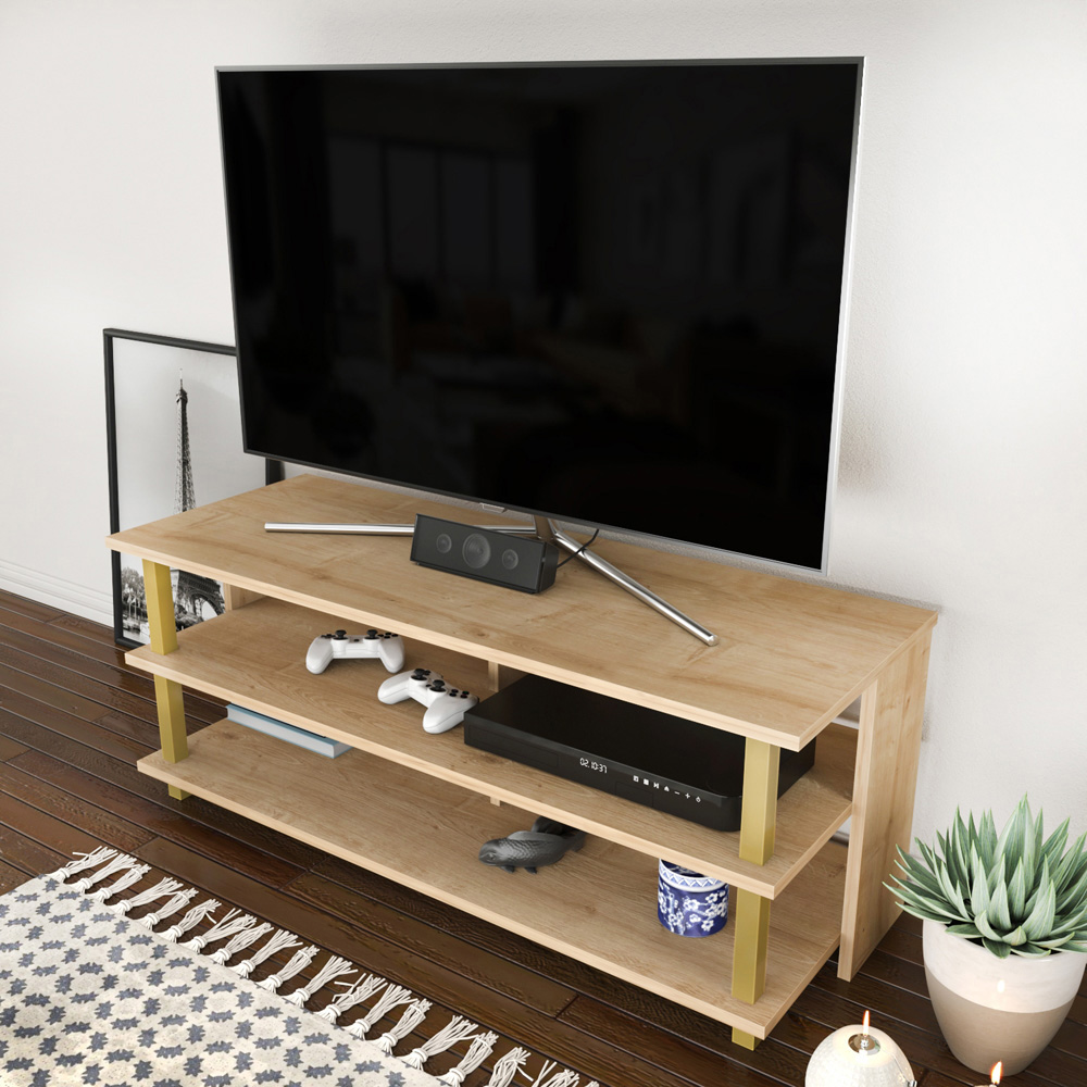 Decorotika Pueblo 4 Open Shelf Gold and Oak Wide TV Unit Image 5