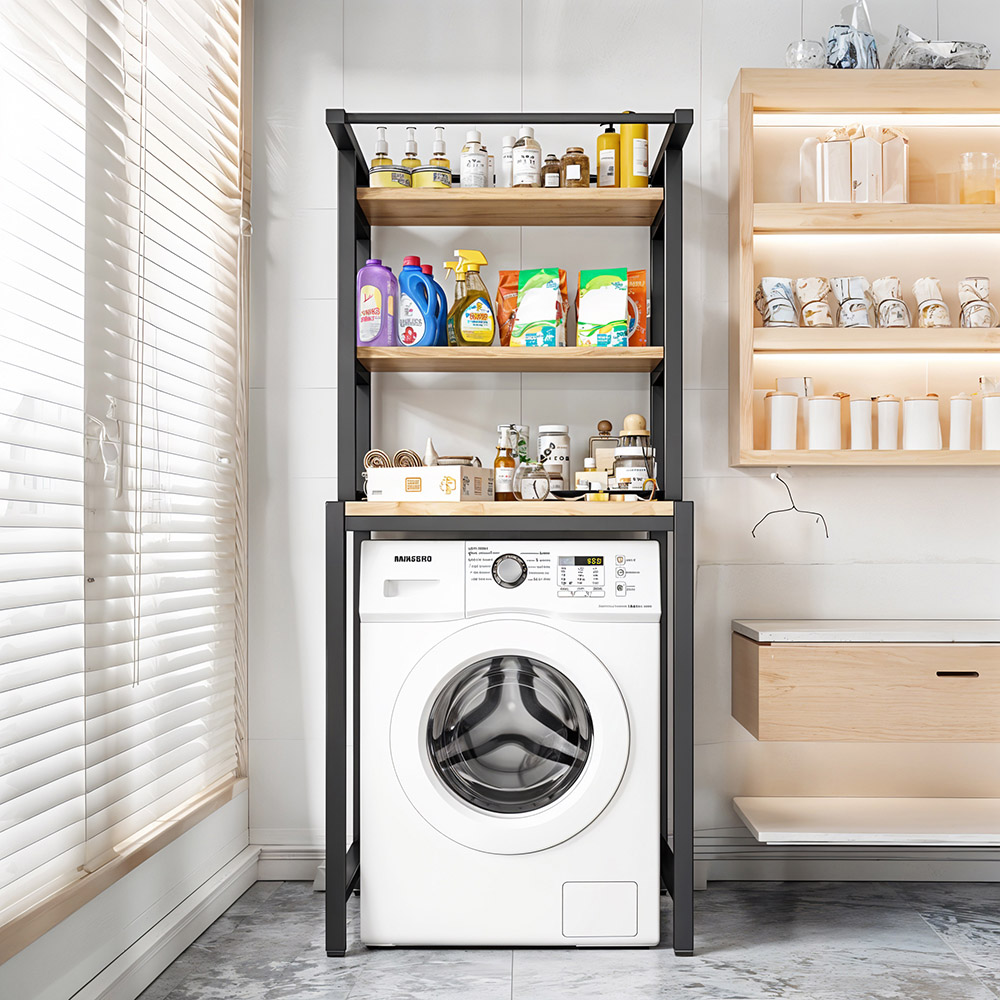 Living and Home 3 Shelf Black Over Washing Machine Storage Shelf with Towel Bar Image 7