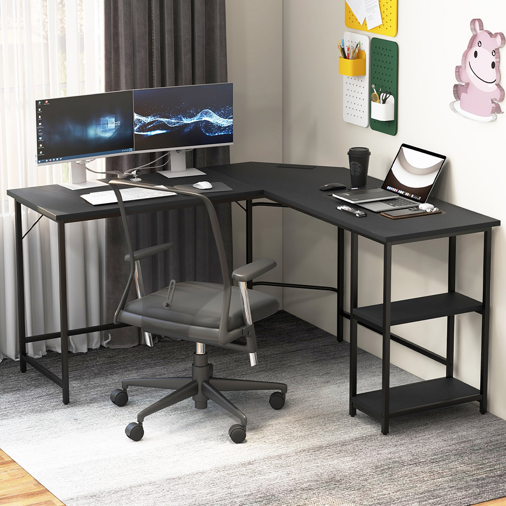 Costway L Shaped 2 Shelf Computer Desk Black Image 1