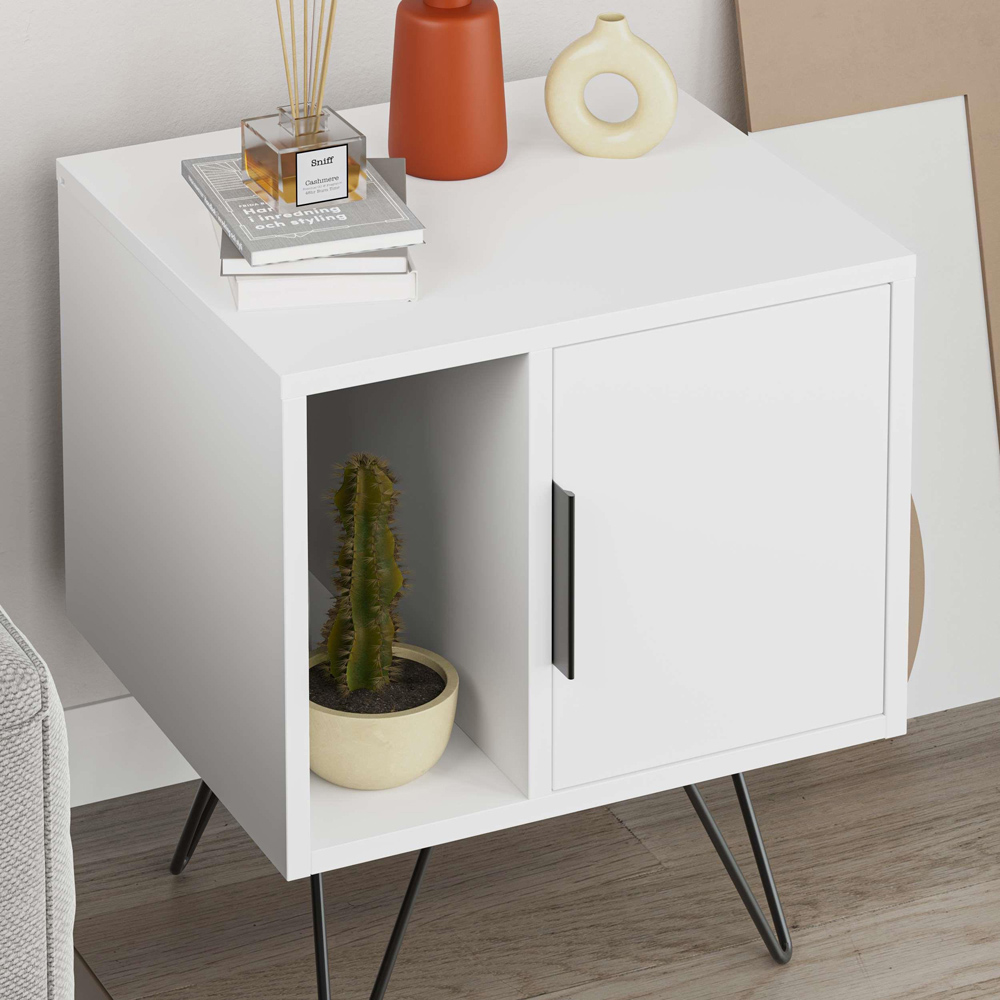 Decortie Glynn Single Door Single Shelf White Modern Bedside Table Image 5