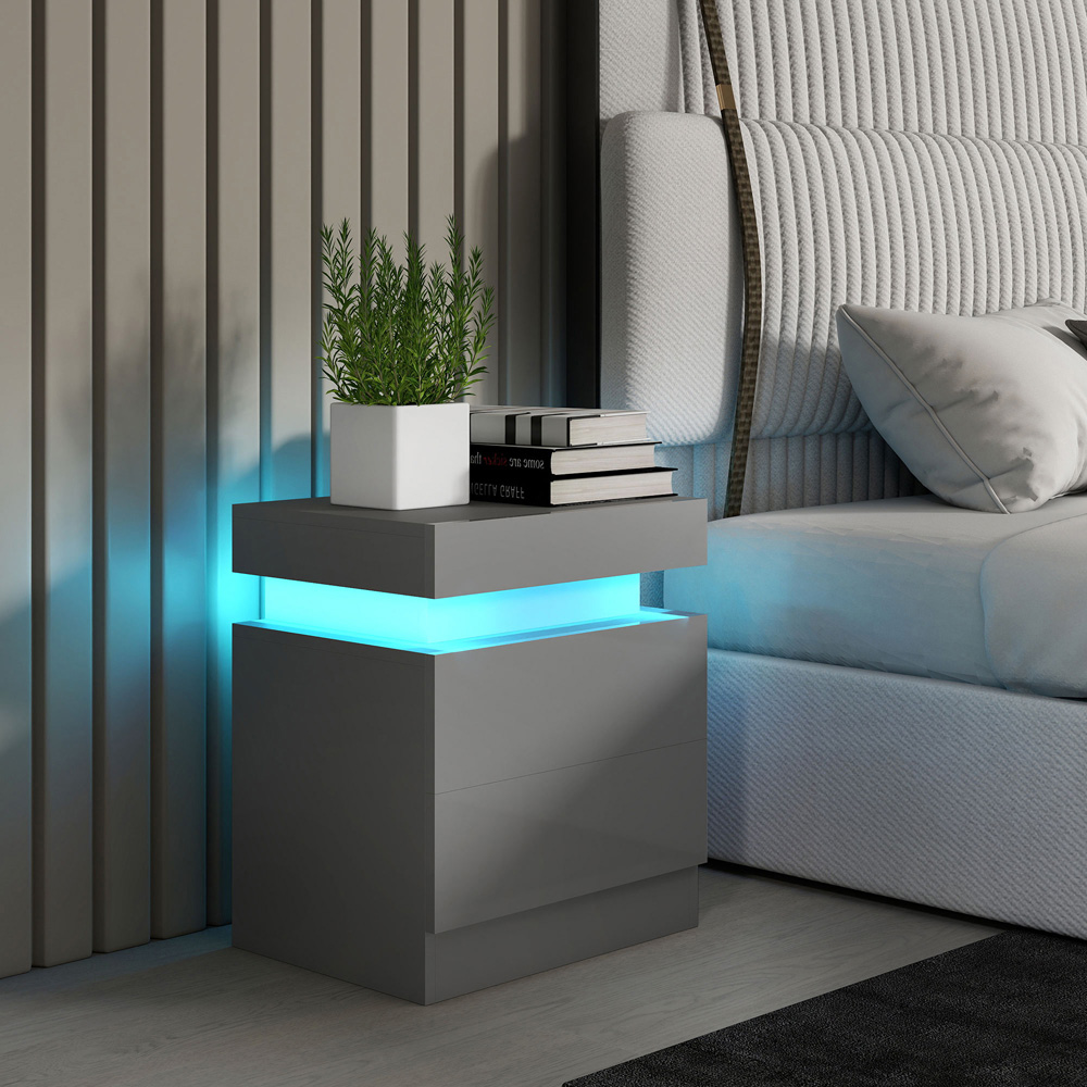HOMCOM 2 Drawer Grey High Gloss Bedside Table with LED Light Image 4