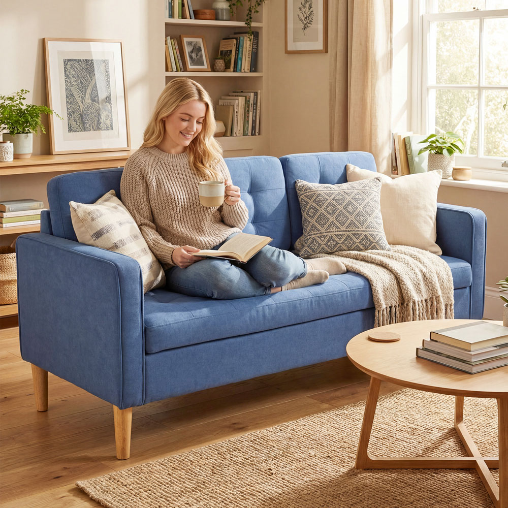 Portland 3 Seater Blue Snow Flannel Sofa with Storage Image 2