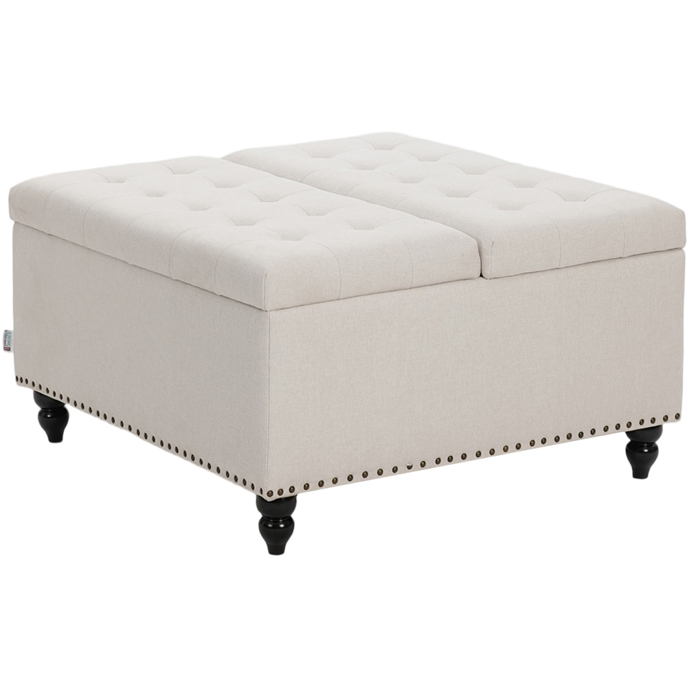Living and Home Beige Square Linen Upholstered Lift Top and Flip Storage Ottoman Image 2