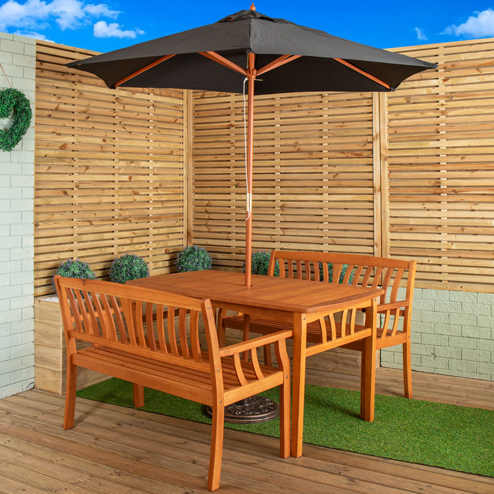 Samuel Alexander 4 Seater Wooden Garden Dining Bench Set with Black Parasol and Base Image 1