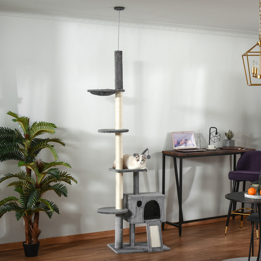 PawHut 238-270cm Light Grey Cat Tree Tower with Sisal Scratching Post Image 2