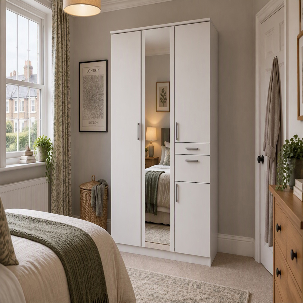 TJ'S Lyon 4 Door 2 Drawer White Wardrobe with Mirror Image 4