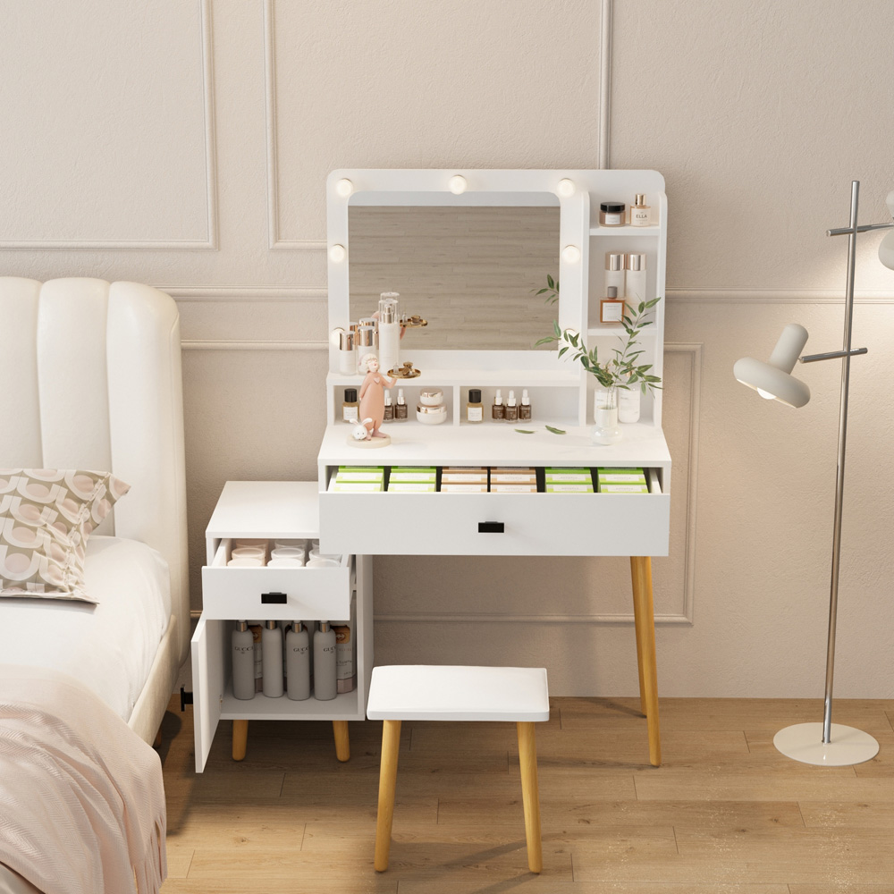 Home Source Forta Single Door 2 Drawer White Vanity Table and Stool Set with Light-Up Mirror Image 4