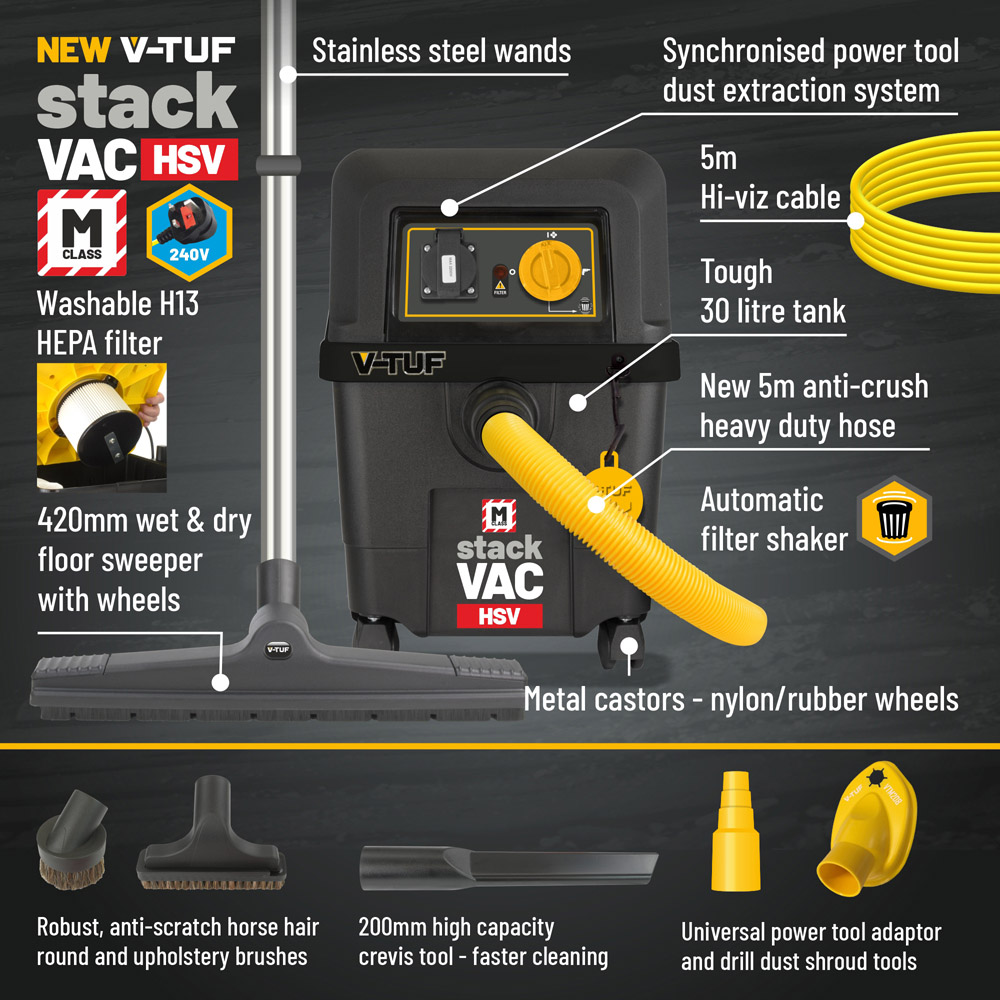 V-TUF STACKVAC HSV M Class Dust Extractor Wet and Dry 30L 240V with Power Take Off Image 5