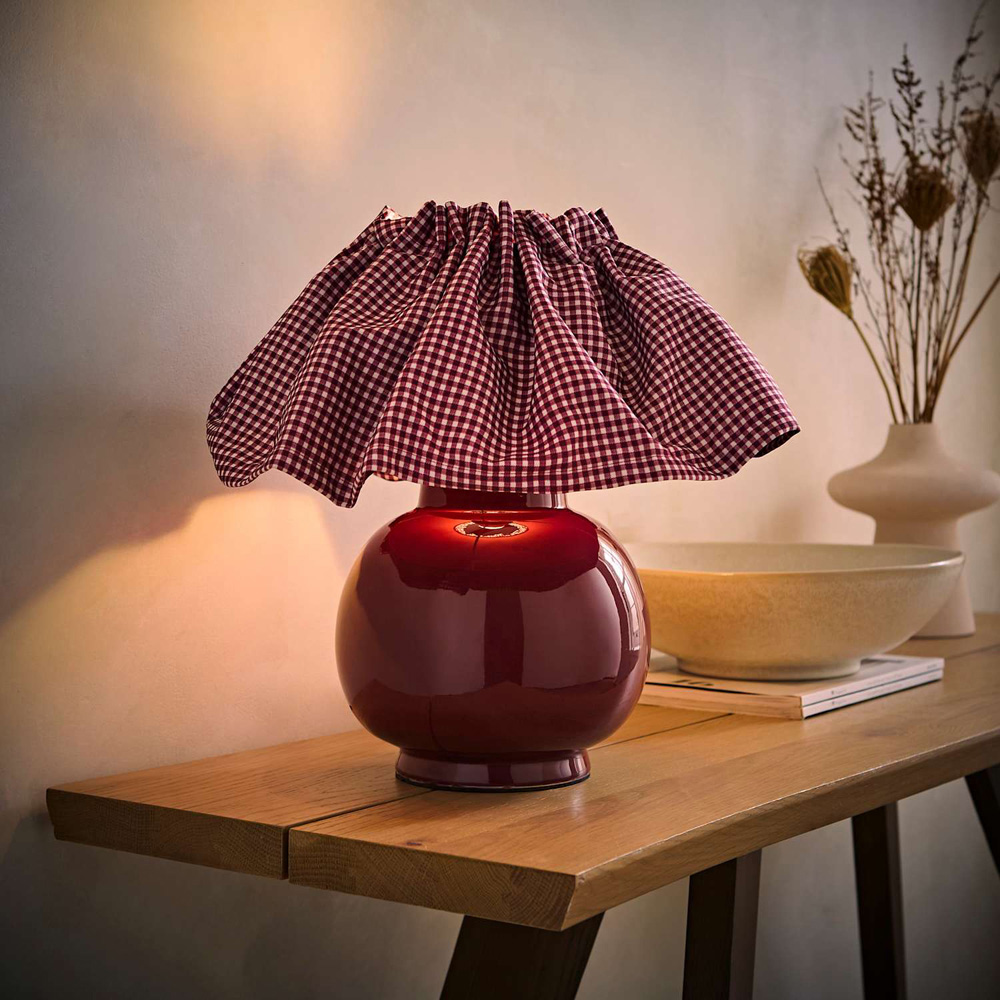 ValueLights Arabella Gingham Pleated Shade Burgundy Ceramic LED Table Lamp with Bulb Image 2