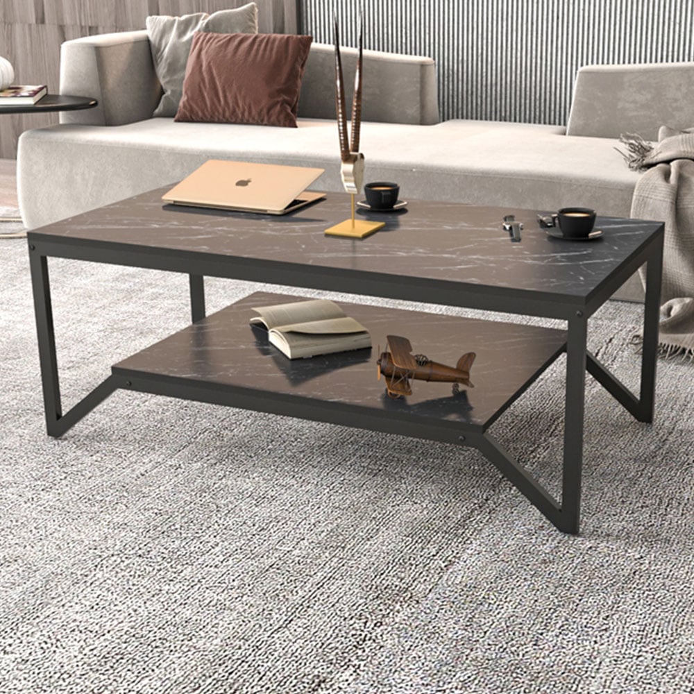 Decorotika Flora Single Shelf Black Marble Effect and Black Modern Coffee Table Image 1