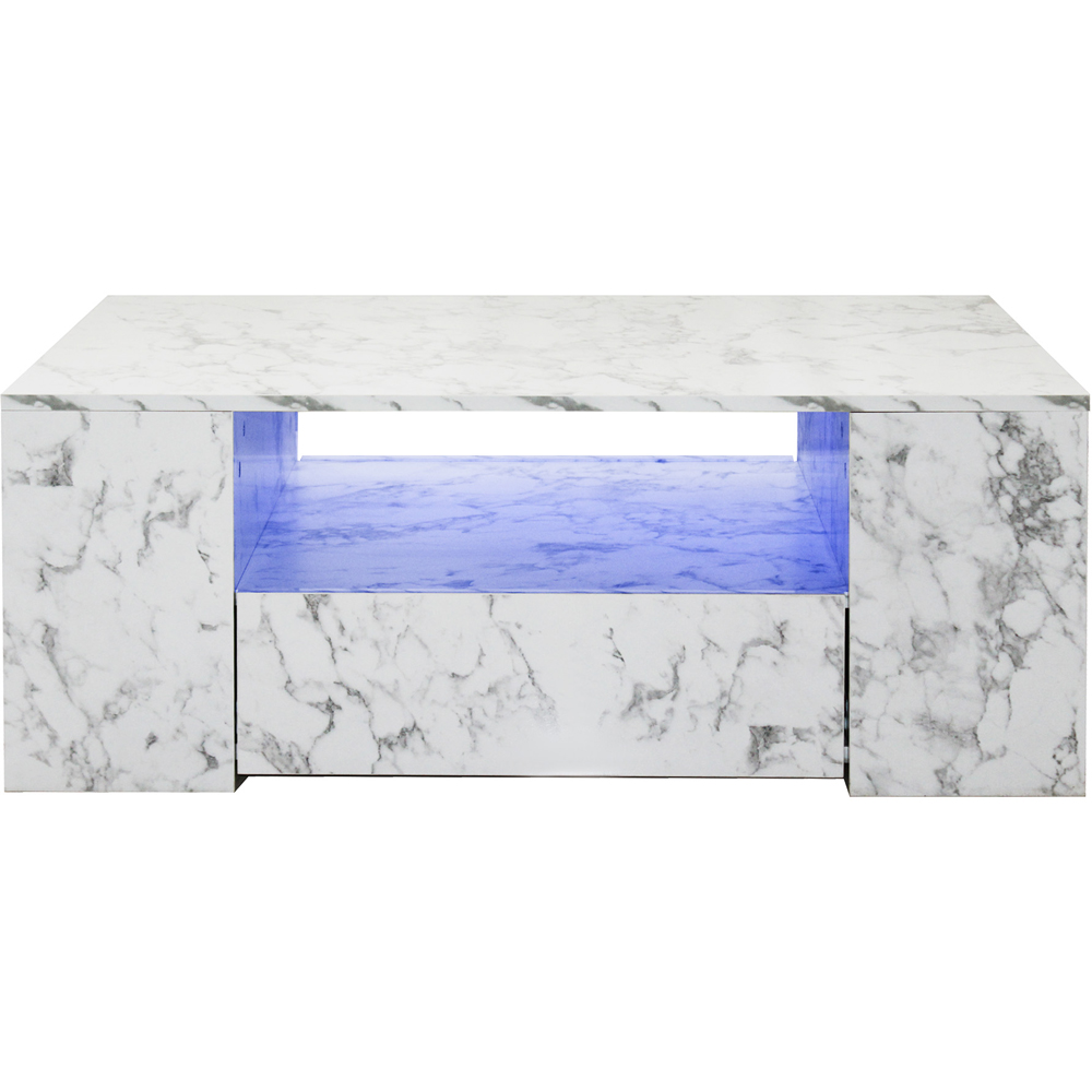 Comfy Living 5 Shelf 2 Drawer White Marble Effect High Gloss LED Coffee Table Image 3