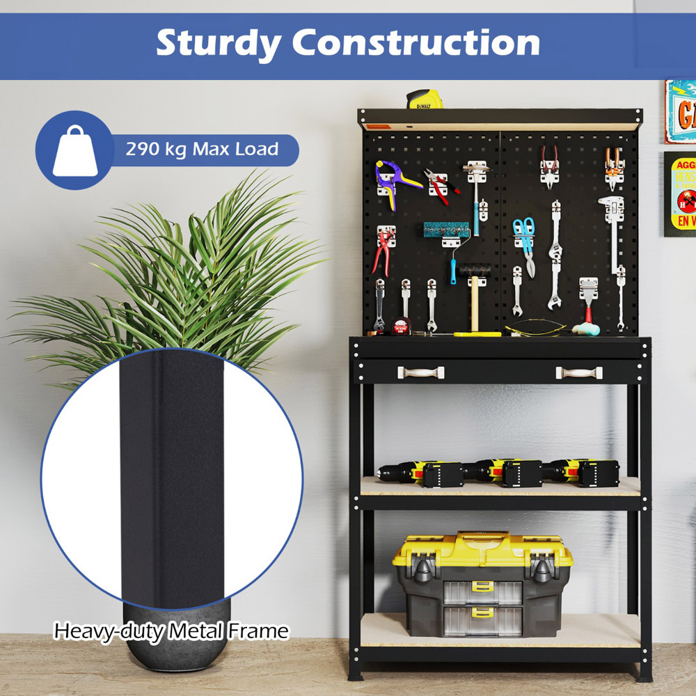 Costway Black Workbench with Pegboard and Shelves 81 x 41cm Image 6