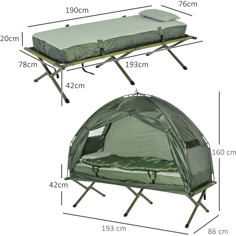 Outsunny 4-in-1 Foldable Dome Tent Camping Cot with Sleeping Bag Green Image 9