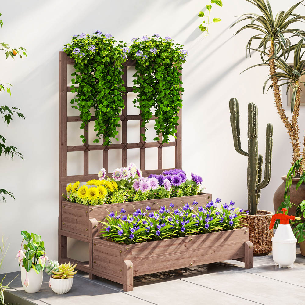 Outsunny 2 Tier Brown Wooden Raised Bed with Trellis Image 2