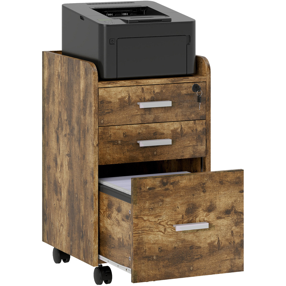 Portland 3 Drawer Rustic Brown Mobile Lockable Filing Cabinet with Keys Image 2