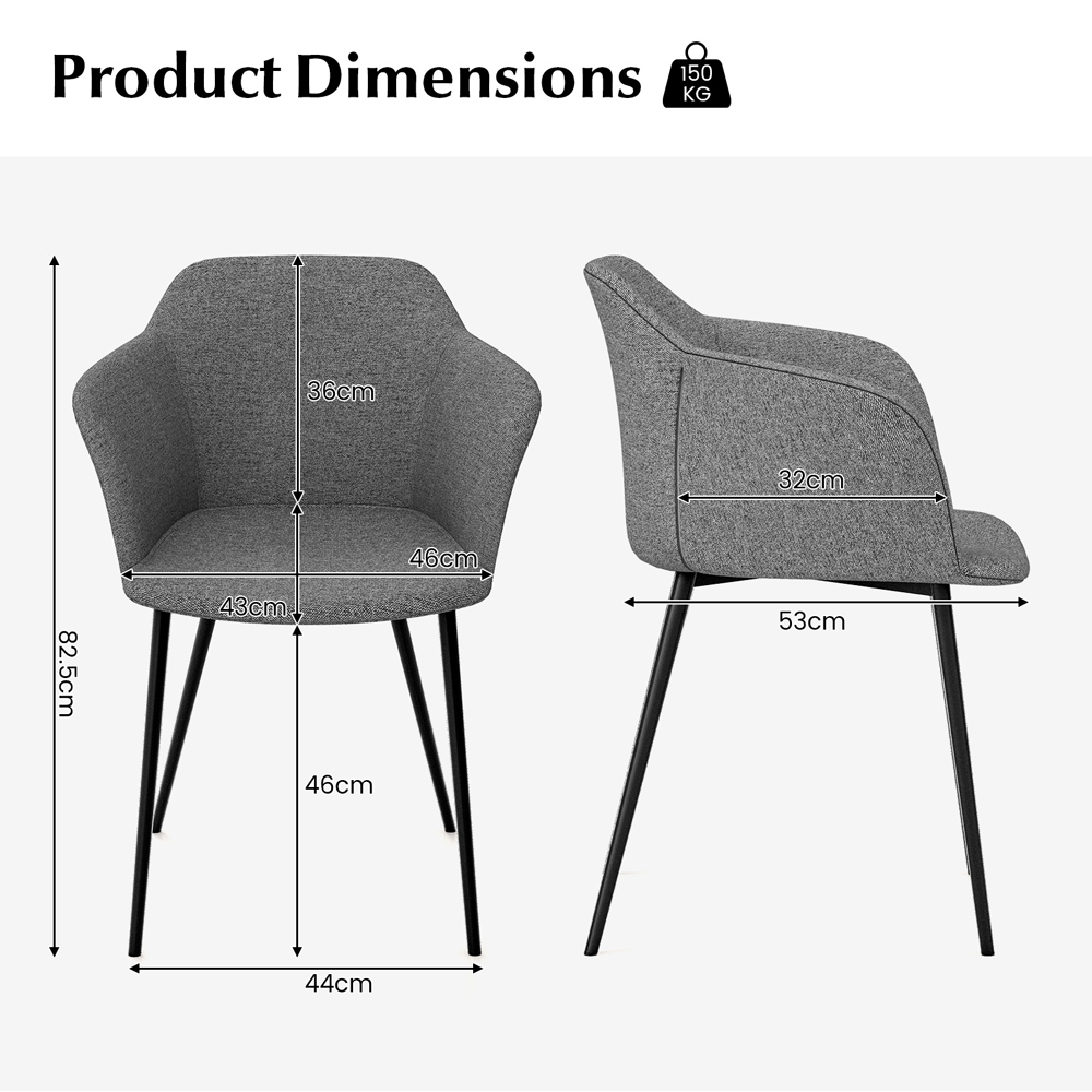 Costway Set of 2 Dark Grey Ergonomic Backrest Dining Chair with Wide Armrest Image 6
