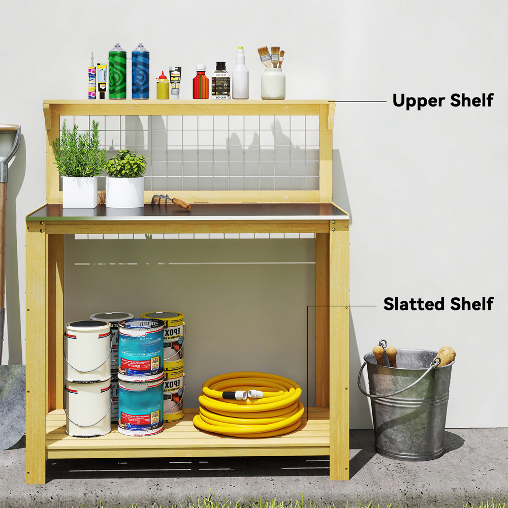 Outsunny Wooden Potting Bench Table with Aluminium Worktop Image 6
