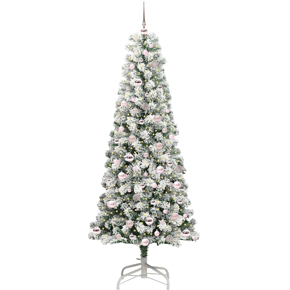 vidaXL Pre-Lit Warm White LED and Pink Baubles Snow Flocked Artificial Christmas Tree 7ft Image 1