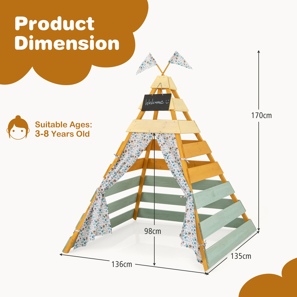 Costway Wooden Kids Play Tepee Tent with Curtains Image 9