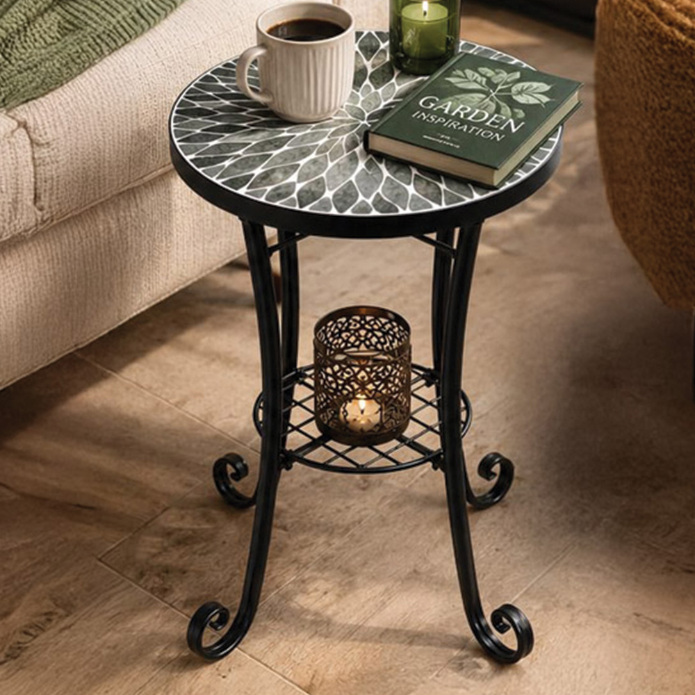 Shatchi Leaf 2-in-1 Single Shelf Mosaic Ceramic Tile Top Plant Stand Side Table Image 1