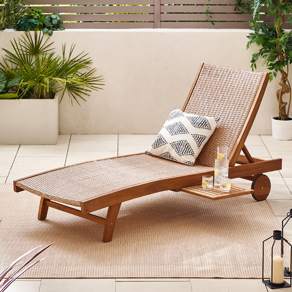 Furniturebox Paphos Natural Acacia Wood and Rattan Sun Lounger Image 1