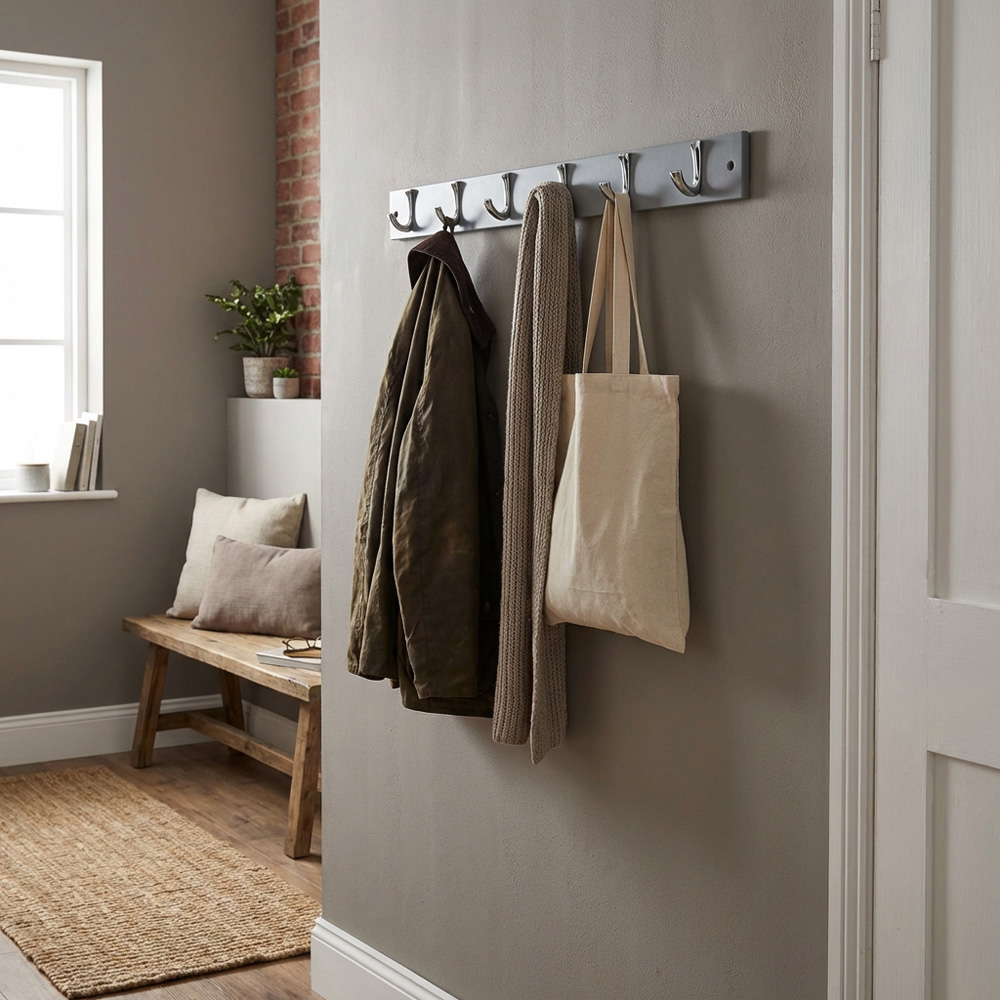 Angled Coat Rails Grey and Chrome Ribbed 6 Hook Coat Rail | Wilko