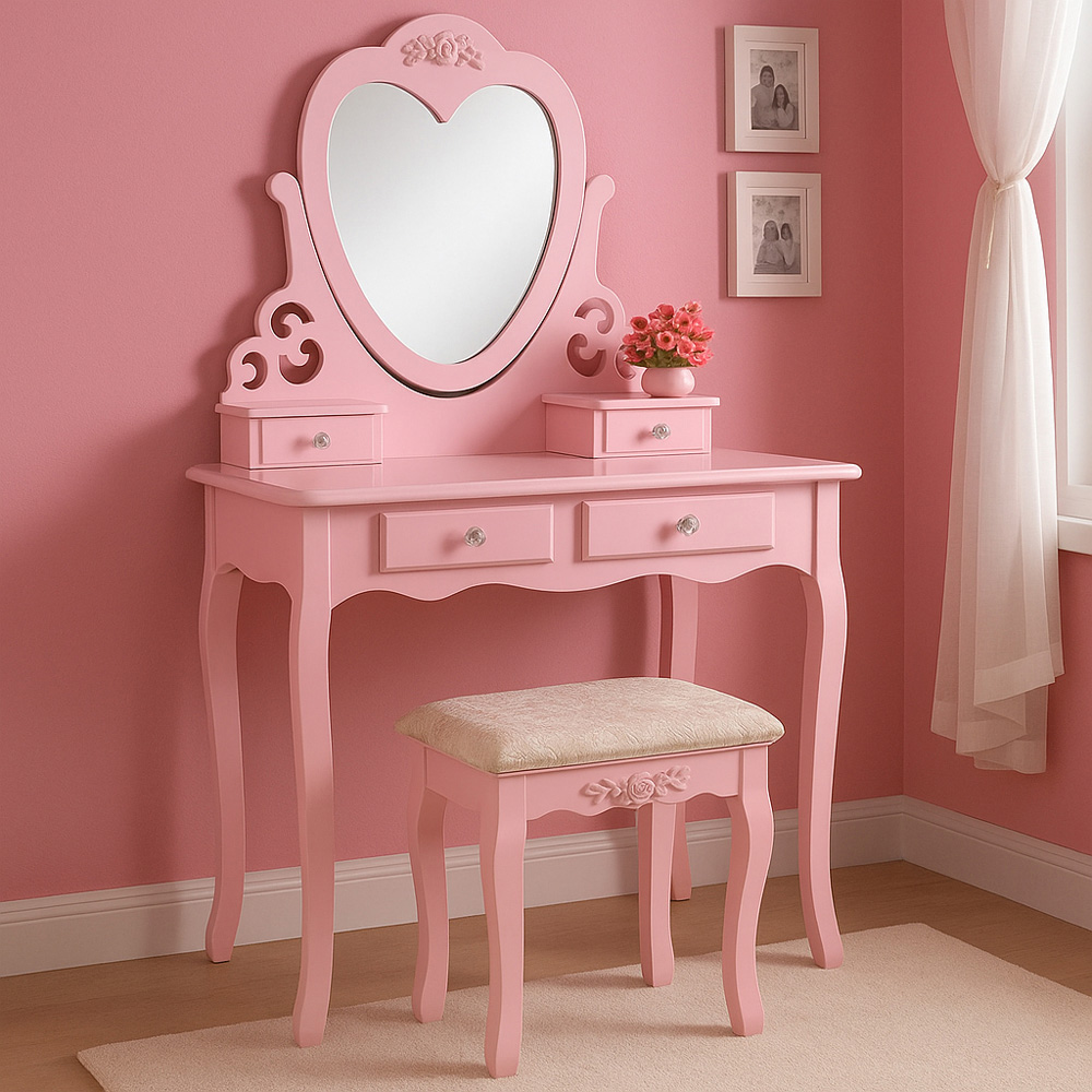 Portland 4 Drawer Pink Dressing Table Set with Mirror Image 1
