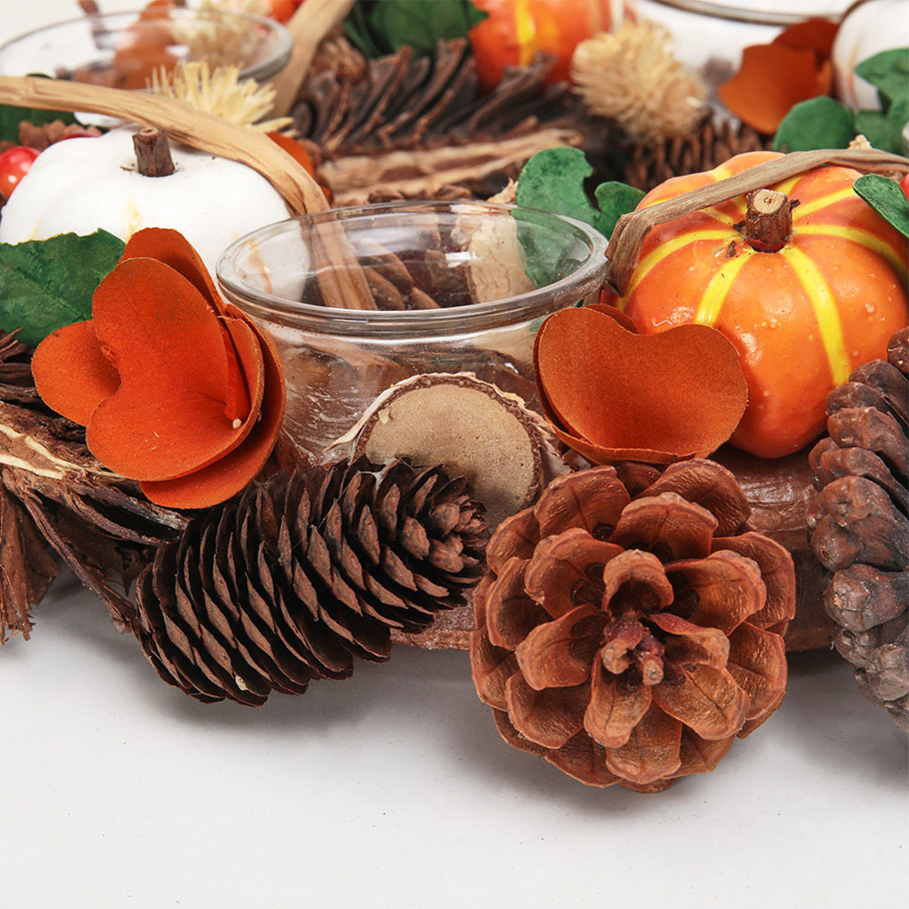 Living and Home Wreath Candle Holder with Maple Cone Berries and Pumpkins 30cm Image 8
